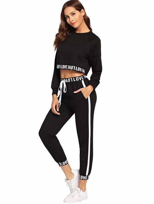 SweatyRocks Women's 2 Pieces Outfits Crop Sweatshirt and Long Pants Tracksuits Set Sportwear