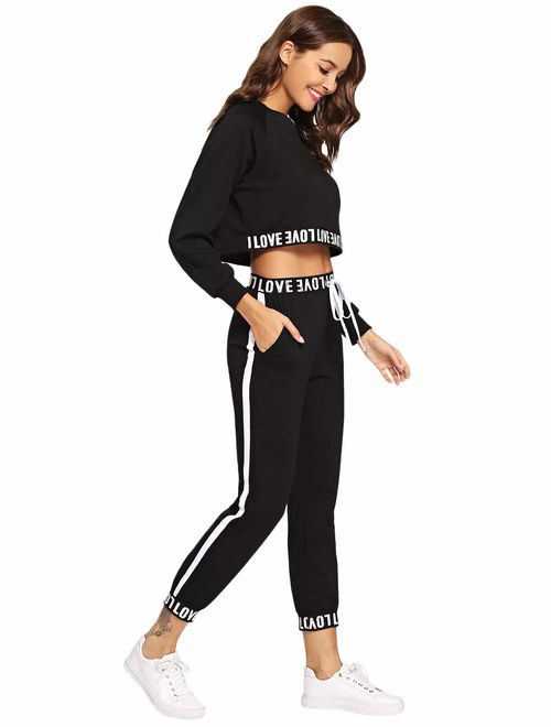 SweatyRocks Women's 2 Pieces Outfits Crop Sweatshirt and Long Pants Tracksuits Set Sportwear