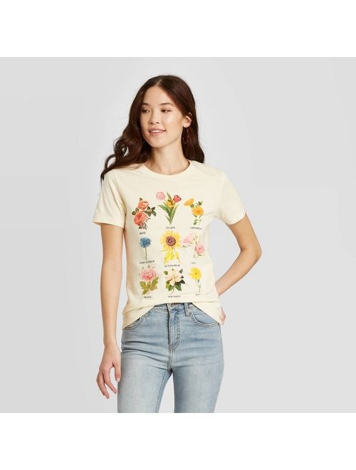 Women's Botanical Flowers Short Sleeve T-Shirt - Fifth Sun (Juniors') - Beige