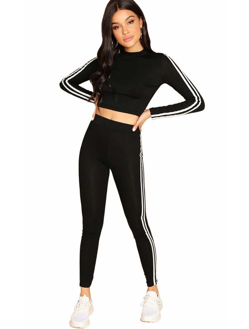Milumia Women Long Sleeve Crop Top Skinny Yoga Pant 2 Pieces Sport Outfits Tracksuit Sportwear Set