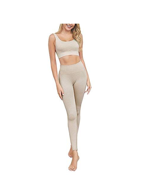 Womens 2 Piece Workout Set Yoga Outfits Seamless Stretch Crop Top with High Waist Leggings Activewear Sets