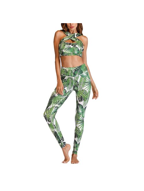 Women 2 Two Pieces Gym Yoga Clothing Green Halter Sports Crop Tank Top Tube Bra and High Waist Leggings Workout Suit Set