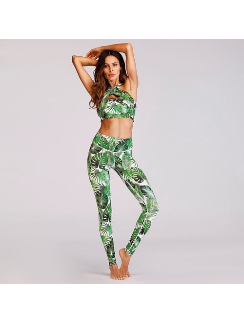 Women 2 Two Pieces Gym Yoga Clothing Green Halter Sports Crop Tank Top Tube Bra and High Waist Leggings Workout Suit Set