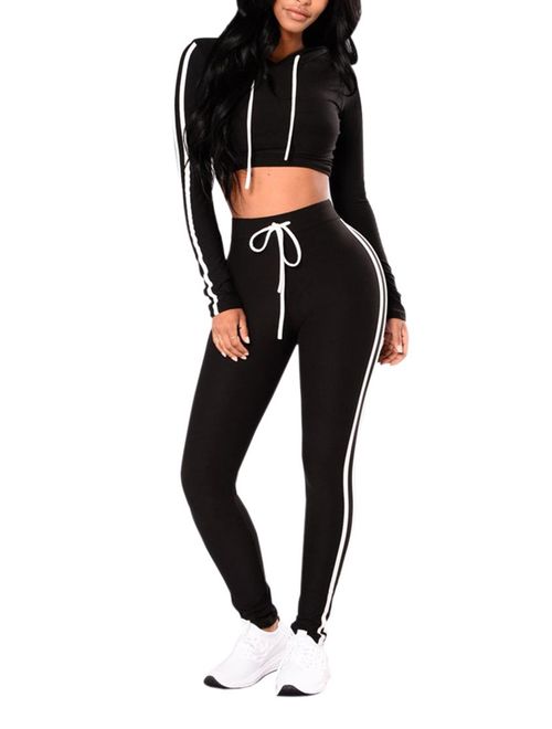Pink Queen Womens 2 Piece Outfit Sport Bodycon Crop Top Long Pant Tracksuit