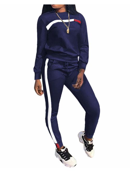 Women's 2 Piece Outfits - Stripe Patchwork Sweatsuits Long Short Sleeve Pullover Sweatshirt Skinny Pants Tracksuit Set