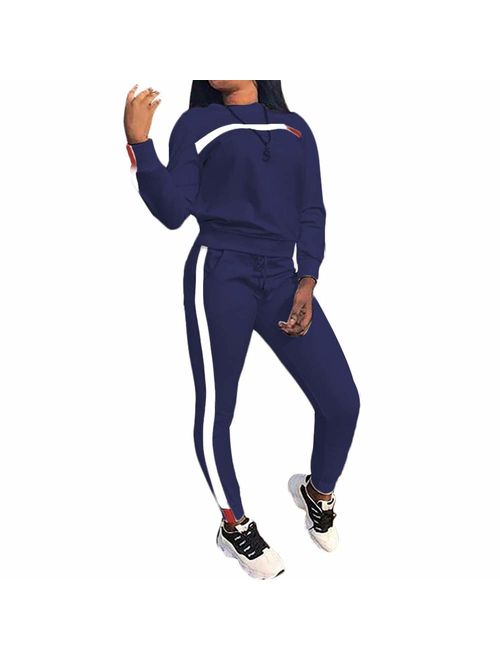 Lisli Women’s 2 Piece Outfits Stripe Long Sleeve Pullover Sweatshirt Long Pants Tracksuit Set 