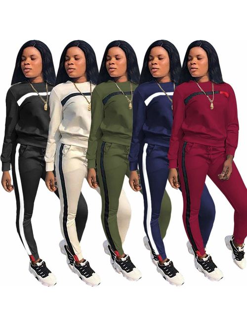 Women's 2 Piece Outfits - Stripe Patchwork Sweatsuits Long Short Sleeve Pullover Sweatshirt Skinny Pants Tracksuit Set