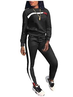 KANSOON Women Stripe Patchwork Two Piece Tracksuit Round Neck Pullover and Skinny Long Pants