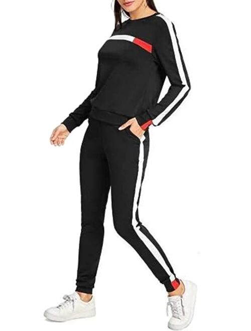 KANSOON Women Stripe Patchwork Two Piece Tracksuit Round Neck Pullover and Skinny Long Pants