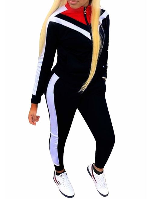 Womens Color Block Tracksuit 2 Piece Outfits, Casual Long Sleeve Full Zip Jacket and Pants Sport Set Sweatsuits