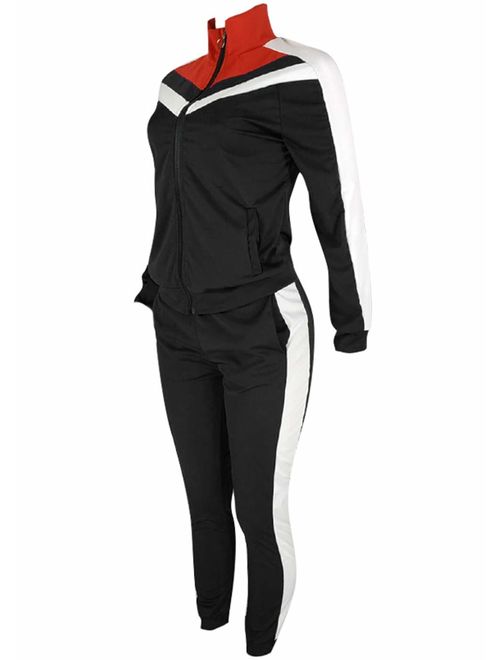 Womens Color Block Tracksuit 2 Piece Outfits, Casual Long Sleeve Full Zip Jacket and Pants Sport Set Sweatsuits