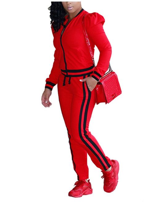 Akmipoem Women's 2 Pieces Outfits Long Sleeve Zipper Jacket and Pants Set Tracksuits