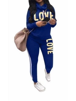 Women's Letter Print 2 Piece Outfits Jogging Suit Set Cowl Neck Long Sleeve Sweatshirt Tracksuit Plus Size