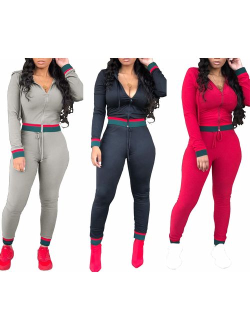 Women's 2 Piece Tracksuit Set Jumpsuits Zipper Hoodie Bodycon Sweatpants Jogger Sets