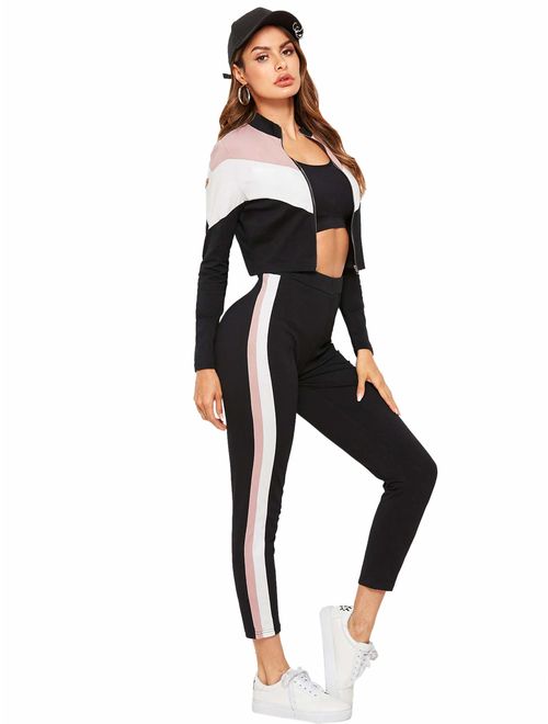 Mulimia Women's 2 Pieces Outfits Long Sleeve Zipper Stripe Color Block Sport Tracksuits Sportwear Set