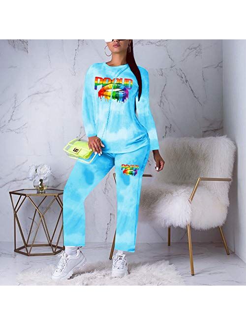 Womens Lip Letter Print 2 Piece Tracksuit Outfits - Long Sleeve Pullover Tops and Pants Suits Jumpsuits Sweatsuit Set