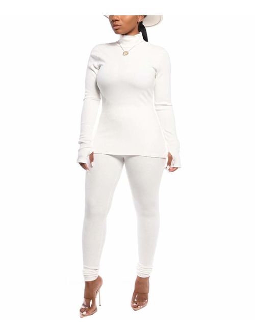 IyMoo Women/'s Casual 2 Piece Outfit Solid Color Long Sleeve Tops and Pants Sweatsuit Tracksuits