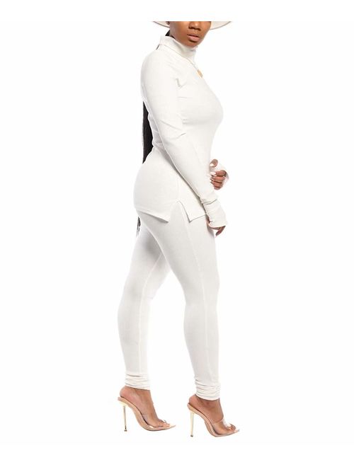 Women Two Piece Outfits Ribbed Knit Top & Pants Sets Long Sleeve Solid Color Tracksuit