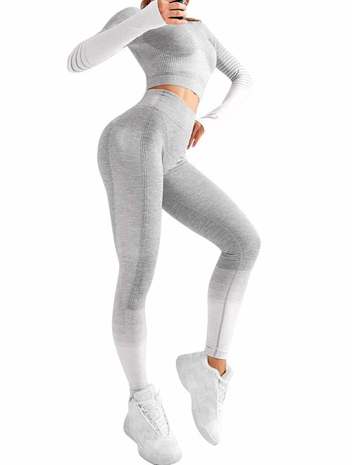JOYMODE Women's 2 Piece Workout Set Long Sleeve Tracksuit Thumb Hole Front Zipper Crop Top with Butt Lift Shaping Pants