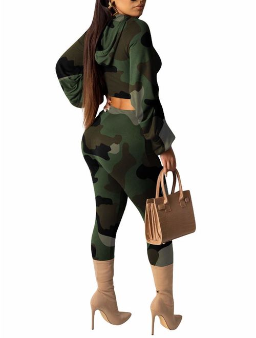 lexiart Sweatsuit for Women 2 Piece - Camouflage Print Ruffle Sleeve Hoodie Sweatshirt Bodycon Long Pants Set