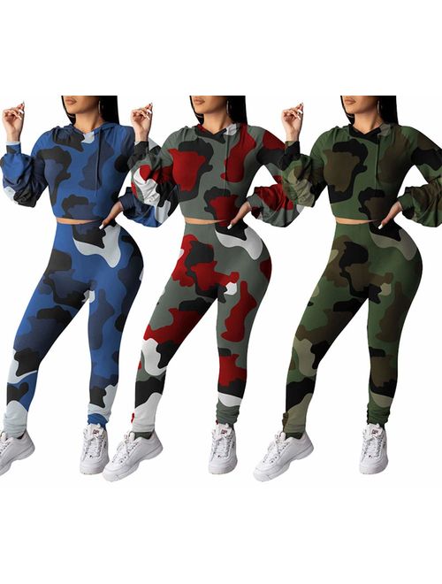 lexiart Sweatsuit for Women 2 Piece - Camouflage Print Ruffle Sleeve Hoodie Sweatshirt Bodycon Long Pants Set