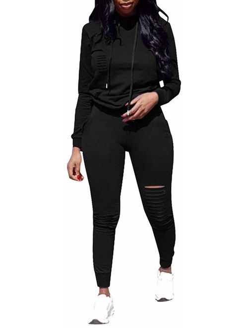 IIF Women's 2 PCS Plus Size Tracksuit Sets, Casual Ripped Hole Pullover Hoodie Sweatpants - Sport Jumpsuits Outfits Set