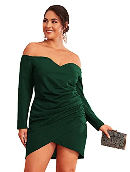 ROMWE Plus Size Sexy Off the Shoulder Wrap Sweetheart Pleated Front Party Mini Bardot Dress