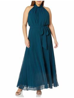 Women's Apparel Women's Plus Size Halter Necked Dress with Pleated Maxi Skirt and Tie Belt