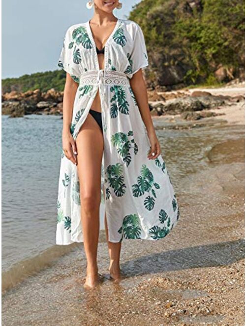 shermie Women's Floral Crochet Lace Beach Swimsuit Cover Ups Long Vintage Kimono Cardigan Dress