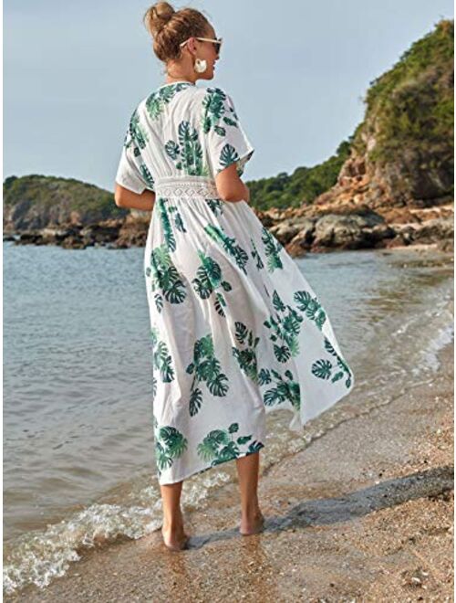 shermie Women's Floral Crochet Lace Beach Swimsuit Cover Ups Long Vintage Kimono Cardigan Dress