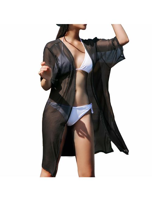 La Carrie Women's Solid Chiffon Cover Up Kimono Cardigan with Half Sleeve Summer Sheer Beachwear Swimsuit for Bikini