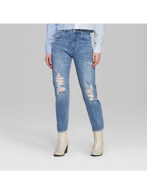Women's High-Rise Distressed Cropped Mom Jeans - Wild Fable&#153; Medium Blue Wash