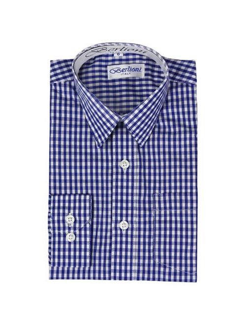 Berlioni Boy's Checkered Gingham Plaid Long Sleeve Button Down Dress Shirt Royal Blue 6