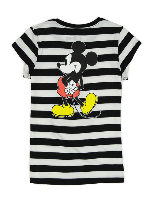 Disney Girls Mickey Mouse T-Shirt Front Back Graphic Black White Stripes