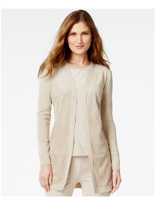 CALVIN KLEIN Womens Beige FAUX SUEDE Long Sleeve Open Cardigan Sweater Size: M