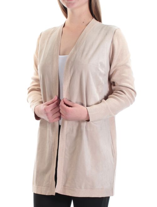 CALVIN KLEIN Womens Beige FAUX SUEDE Long Sleeve Open Cardigan Sweater Size: M