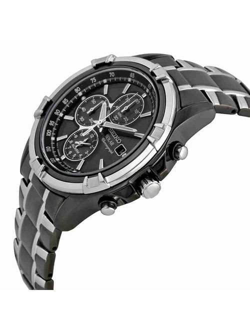Seiko Men's Solar Alarm Chronograph Stainless Watch - Two-tone Bracelet - Black Dial - SSC143