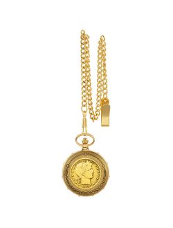 Gold-Layered Silver Barber Half Dollar Goldtone Train Coin Pocket Watch with Skeleton Movement