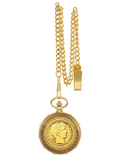 Gold-Layered Silver Barber Half Dollar Goldtone Train Coin Pocket Watch with Skeleton Movement