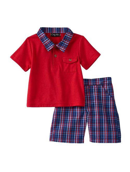 Only Kids Infant Boys 2 Piece Red Polo T-Shirt & Blue Plaid Shorts