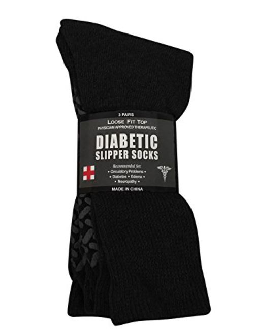 Diabetic Socks Unisex- Non Skid Hospital Loose Fitting Slipper Socks With Gripper Bottoms - 3 Pack Savings - Gripper socks (Black, 9-11)
