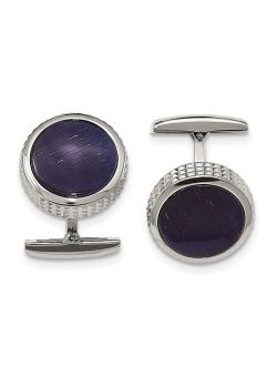 Stainless Steel Polished Blue Cat's Eye Textured Round Cuff Links