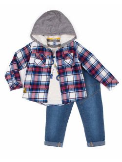 Little Lad Baby Toddler Boy Plaid Sherpa Jacket, Long Sleeve Graphic T-shirt & Drawstring Denim Jogger Pant, 3pc Outfit Set