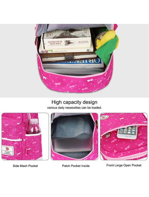 Vbiger 3 in 1 School Bag Waterproof Nylon Backpacks Lunch Bags Pencil Case,Rosy