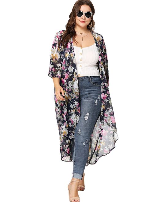 Romwe Womens Plus Size Floral Print Sheer Beach Swimsuit Cover up Long Kimono