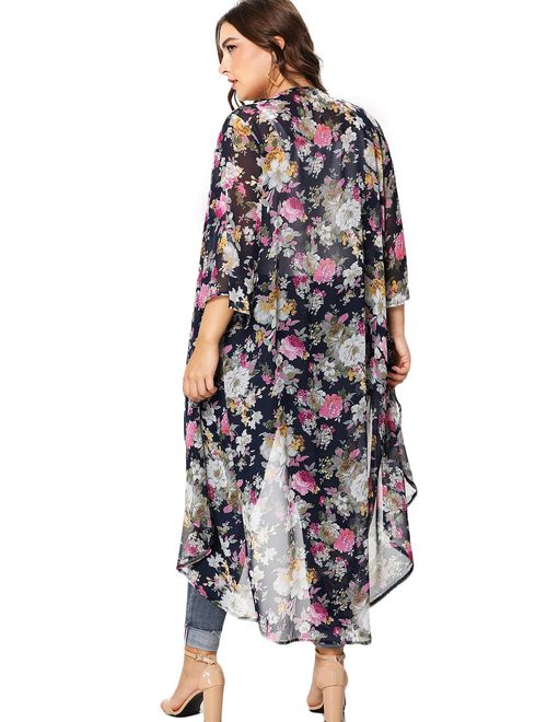 Romwe Womens Plus Size Floral Print Sheer Beach Swimsuit Cover up Long Kimono 