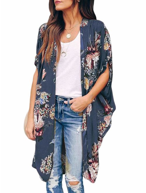 Womens Oversized Floral Kimono Cardigans Summer Casual Batwing Sleeve Shawl Chiffon Open Front Cover up