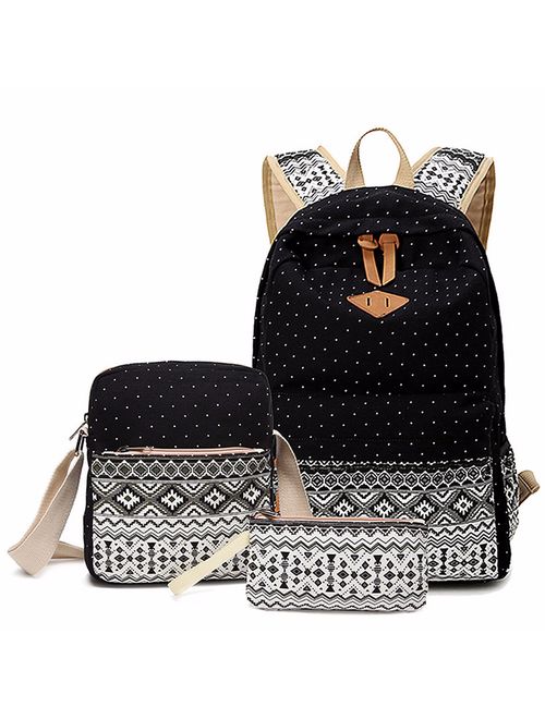 3Pcs Fashion Canvas Backpack School Backpack with Cross-body Bag and Purse Pen Bag, Traveling Backpack