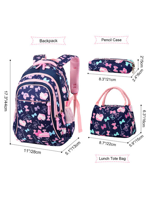 3 Pcs School Backpack Set With Lunch Tote Bag and Pencil Case, Adorable Student Book Bag Shoulder Bags Set for Students between 7-16 Years Old, Dark Blue