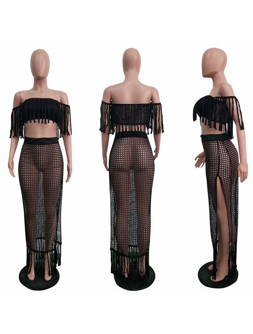 Ophestin Women Off Shoulder Crochet Tassel Beach Cover Up 2 Piece Maxi Skirt Set